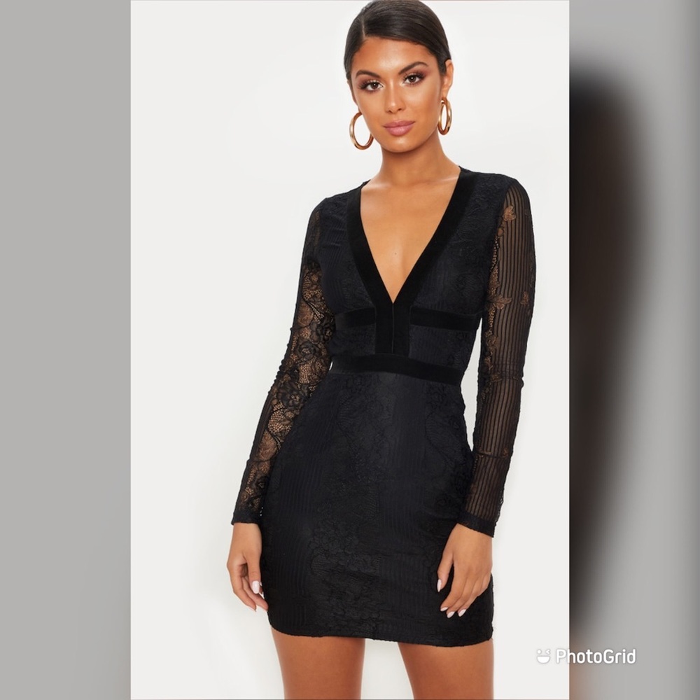Black Lace Velvet Open Back Dress